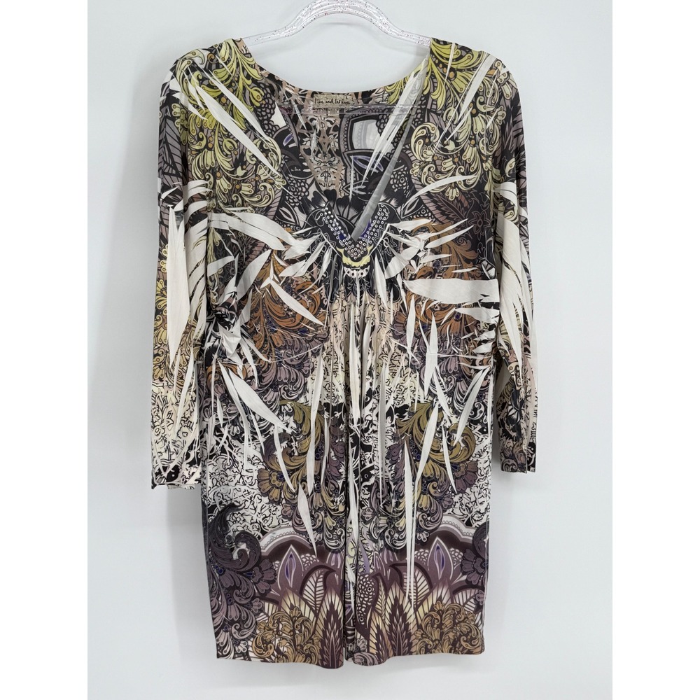 Live and Let Live Womens Paisley Empire Waist Beaded V-Neck Tunic Top Sz L‎